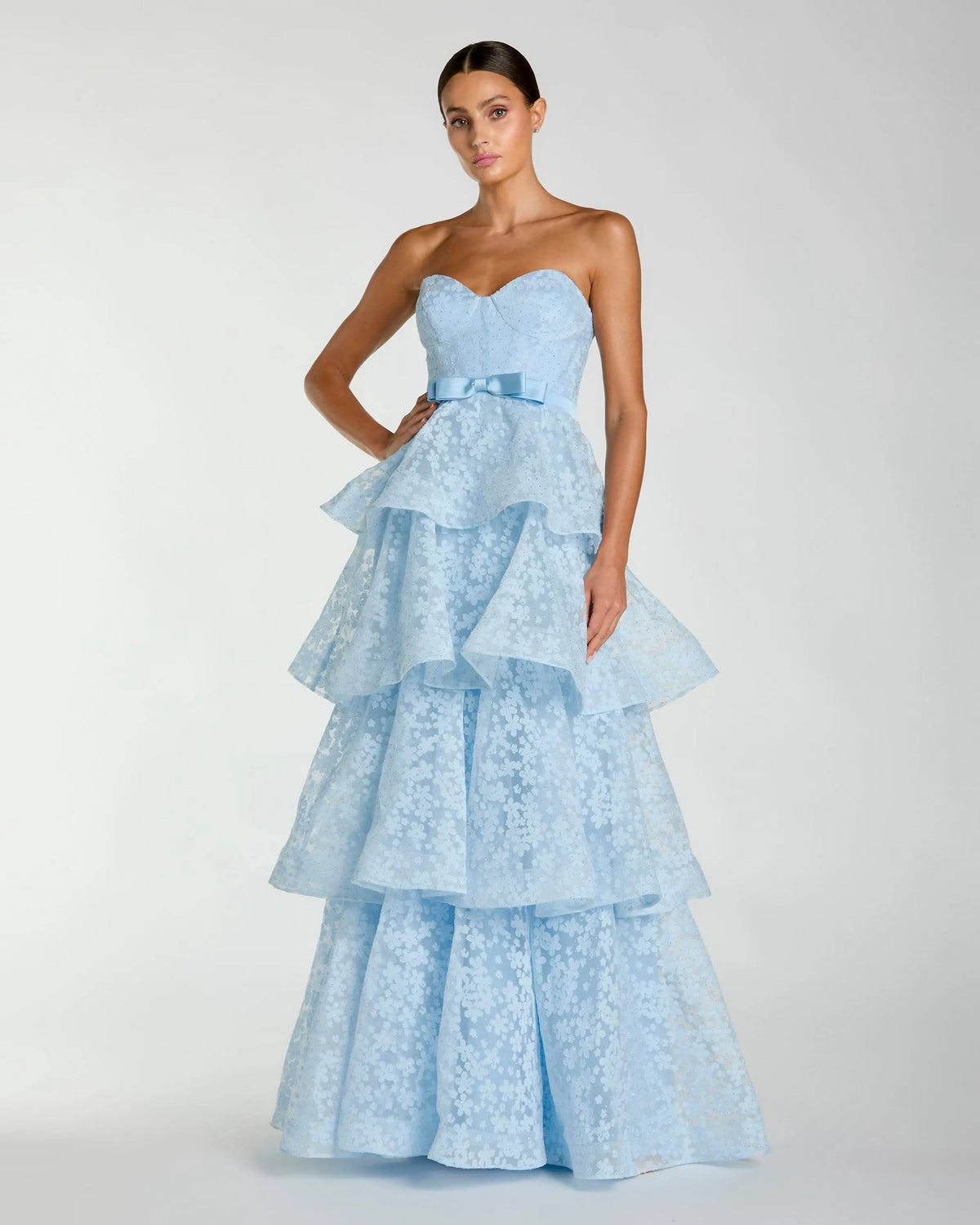 Mac Duggal Powder Blue Blue Strapless Floral Organza Tiered Gown with Bow #56298