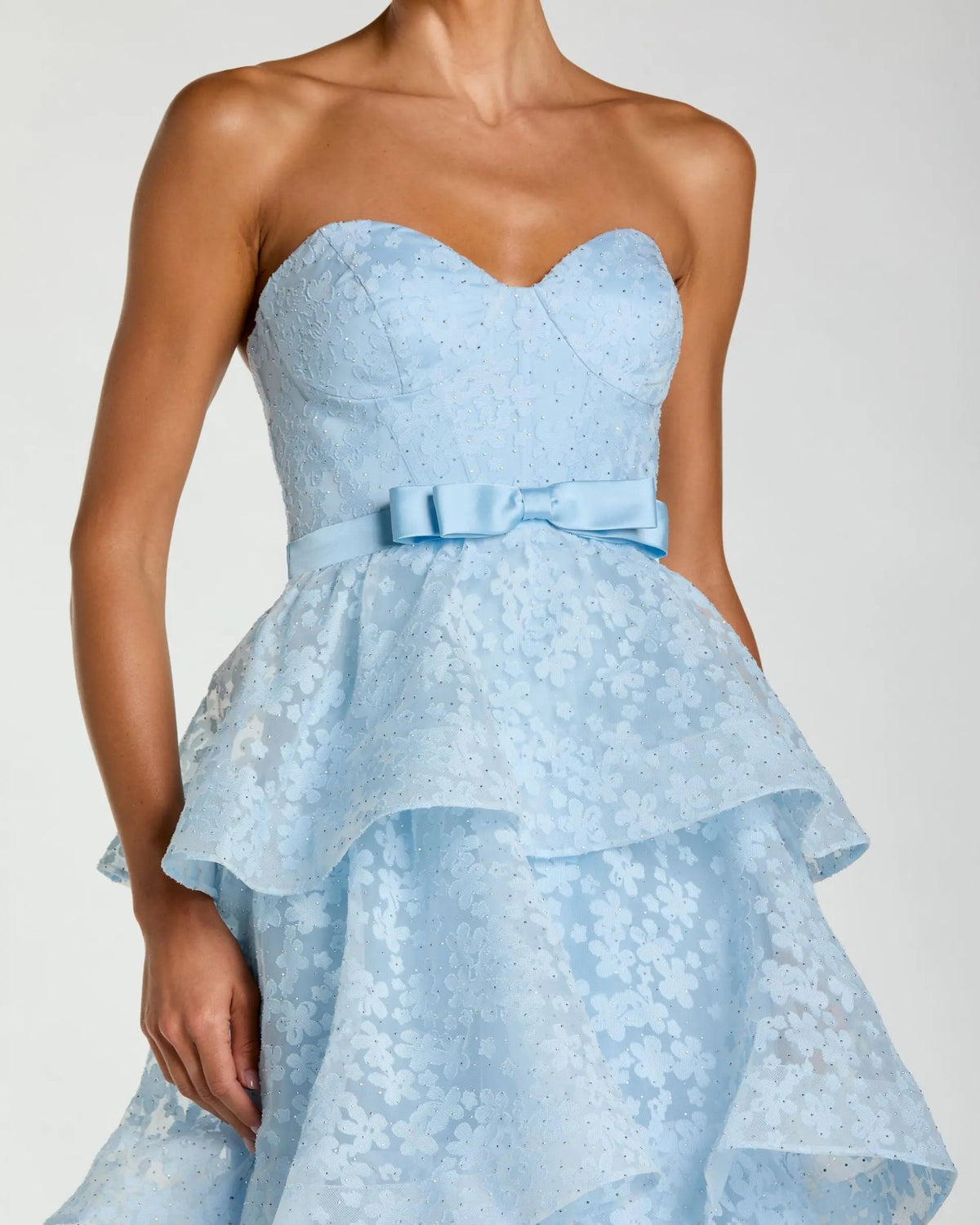 Mac Duggal Powder Blue Blue Strapless Floral Organza Tiered Gown with Bow #56298