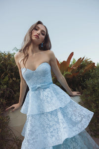 Mac Duggal Powder Blue Blue Strapless Floral Organza Tiered Gown with Bow #56298