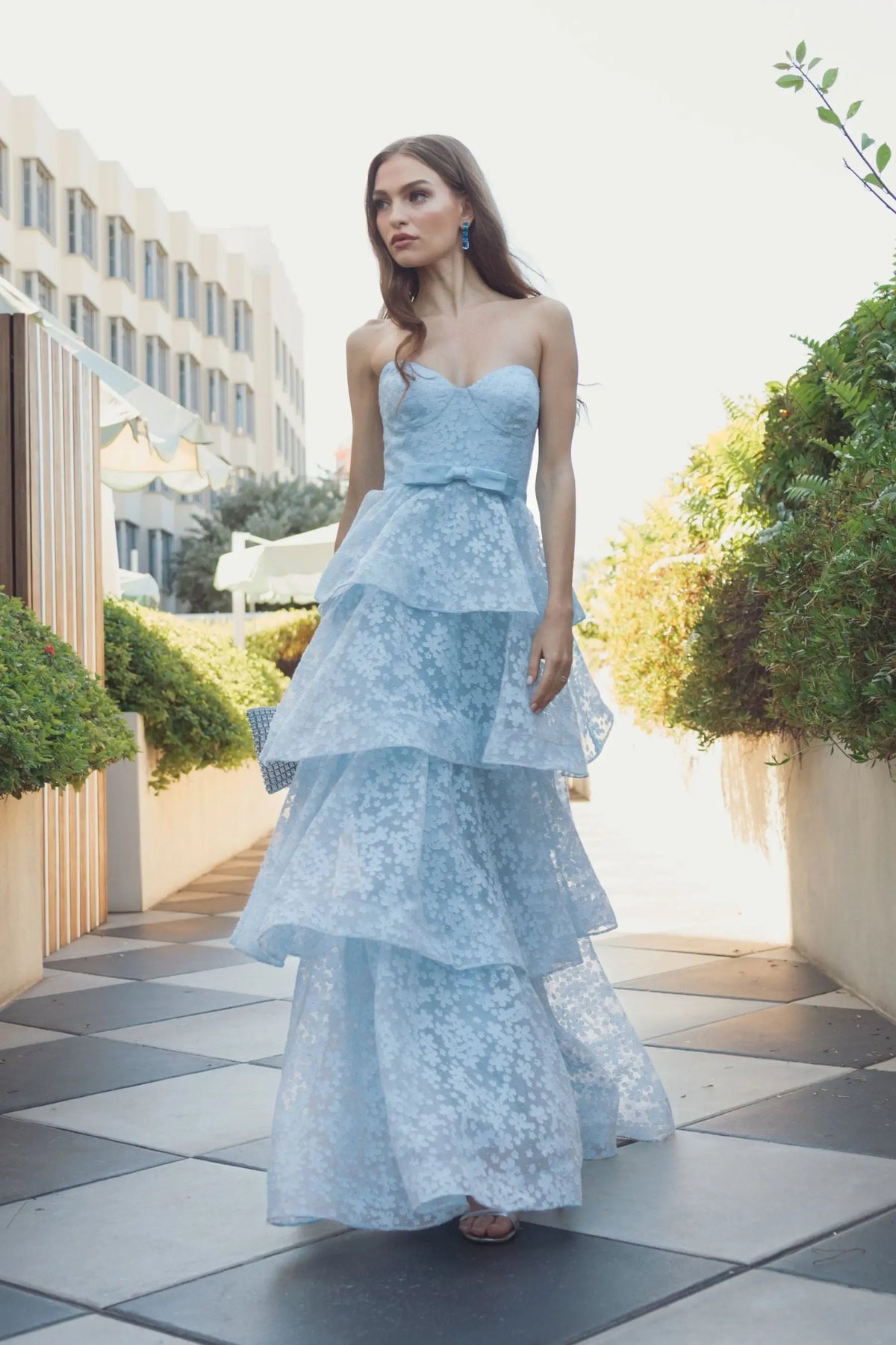 Mac Duggal Powder Blue Blue Strapless Floral Organza Tiered Gown with Bow #56298
