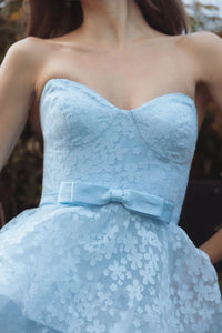 Mac Duggal Powder Blue Blue Strapless Floral Organza Tiered Gown with Bow #56298