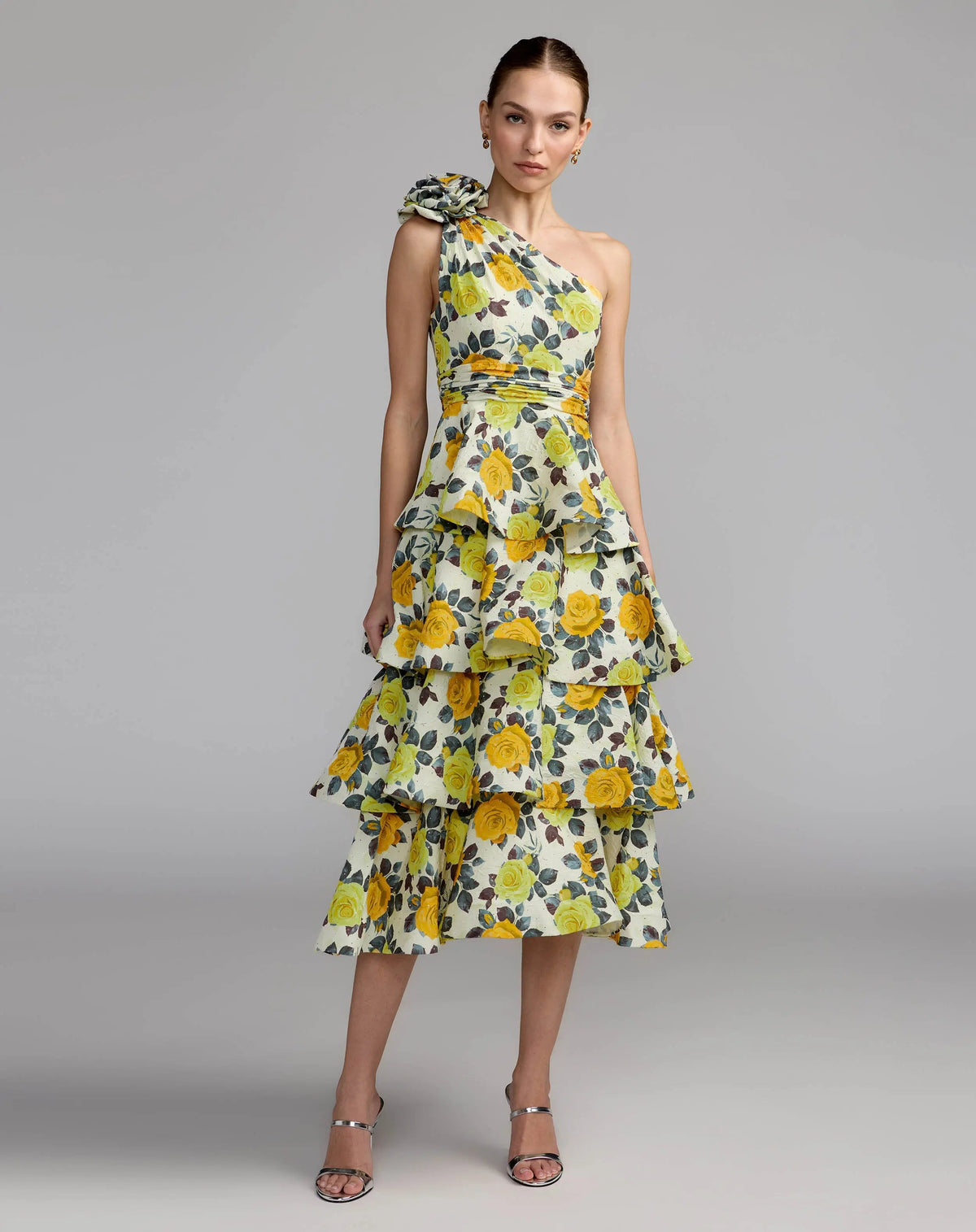 Mac Duggal 56314 Yellow Rose one shoulder floral tiered midi dress - Front