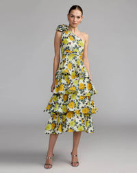 Mac Duggal 56314 Yellow Rose one shoulder floral tiered midi dress - Front