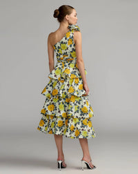 Mac Duggal 56314 Yellow Rose one shoulder floral tiered midi dress - Back view