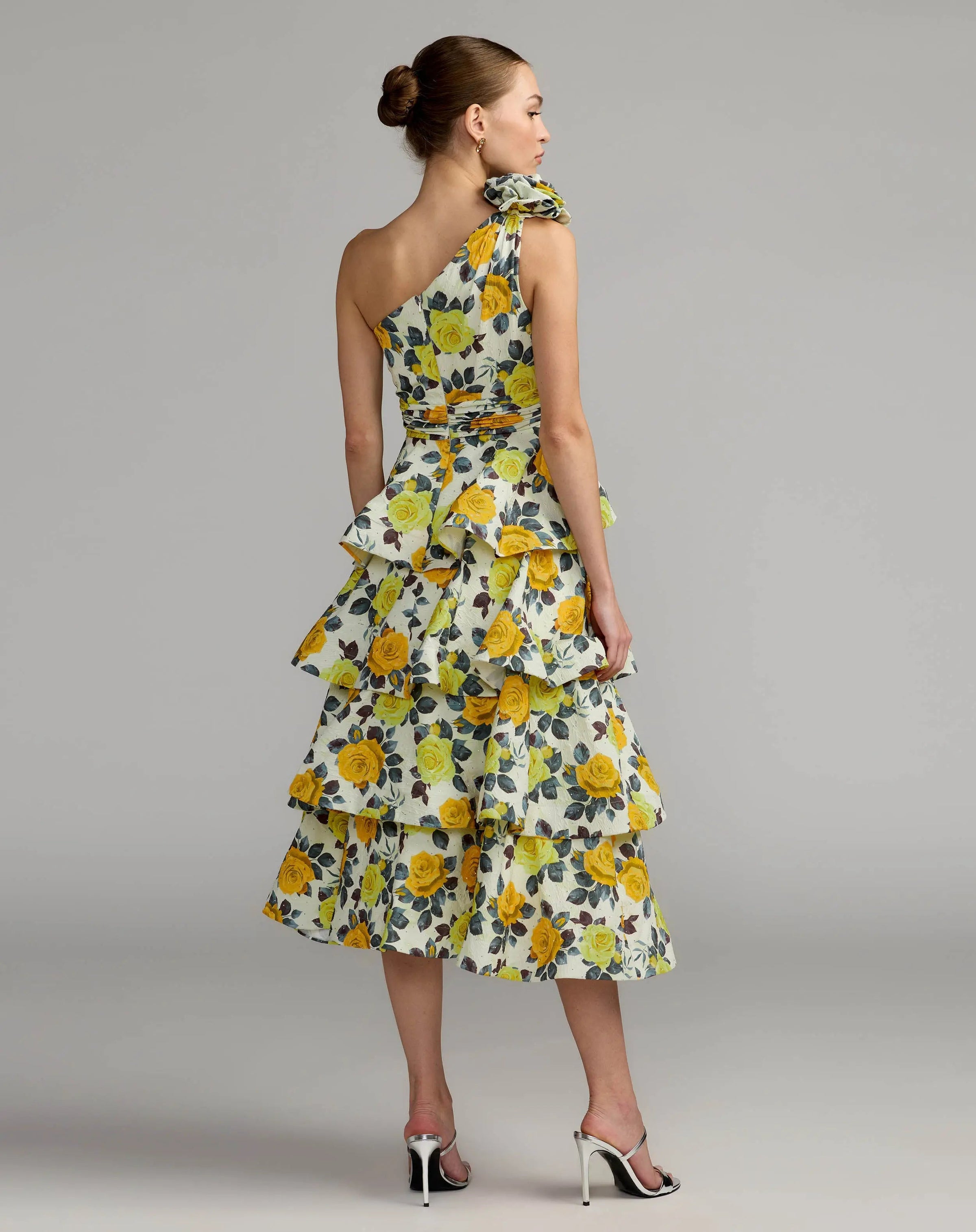 Mac Duggal 56314 Yellow Rose one shoulder floral tiered midi dress - Back view