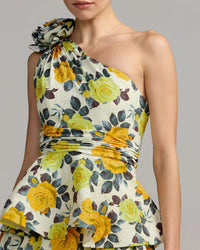 Mac Duggal 56314 Yellow Rose one shoulder floral tiered midi dress - Close up detail