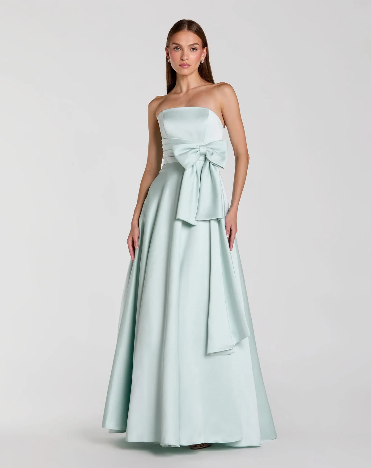 Mac Duggal Green Strapless Satin Ball Gown with Bow Detail #56318
