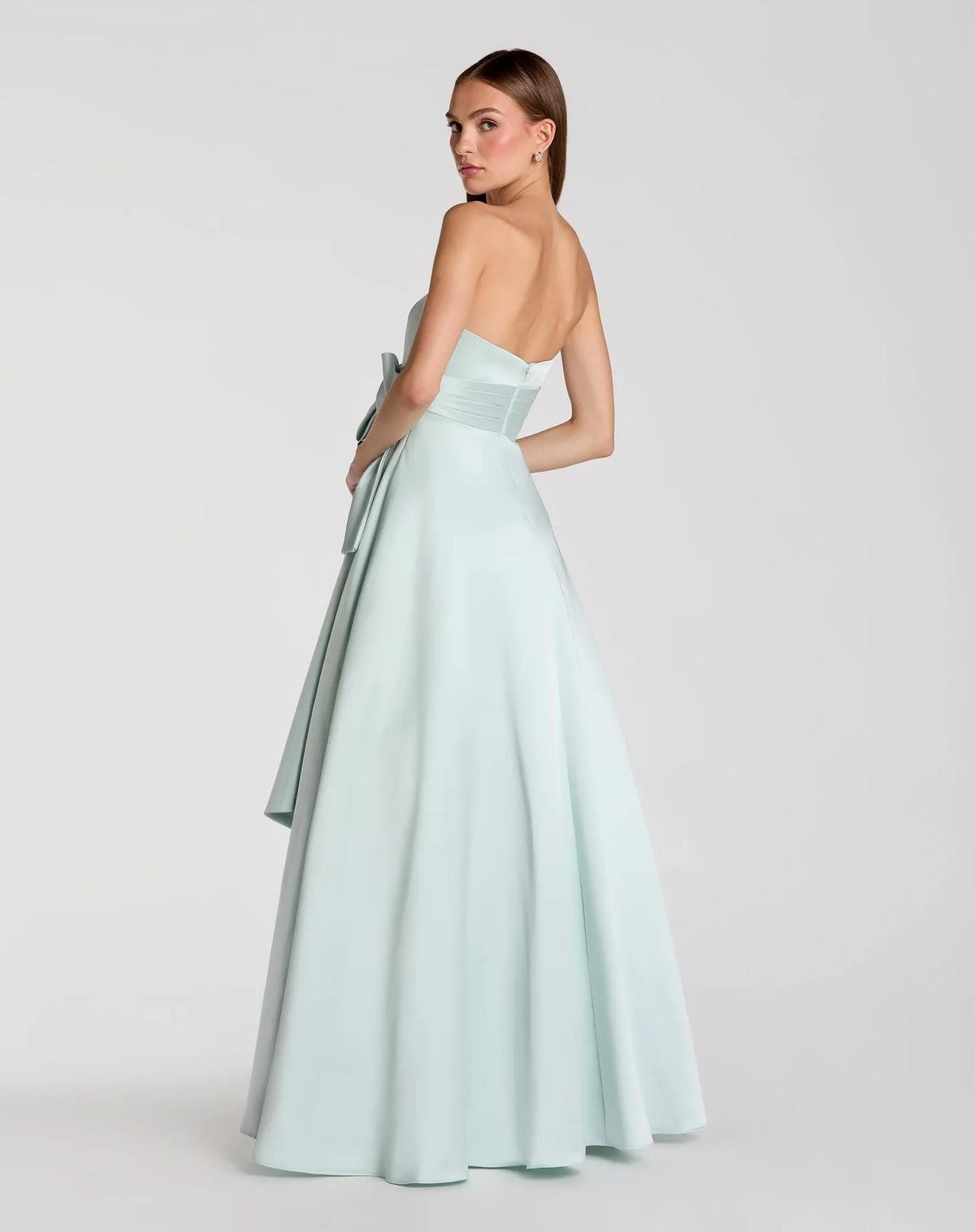 Mac Duggal Green Strapless Satin Ball Gown with Bow Detail #56318
