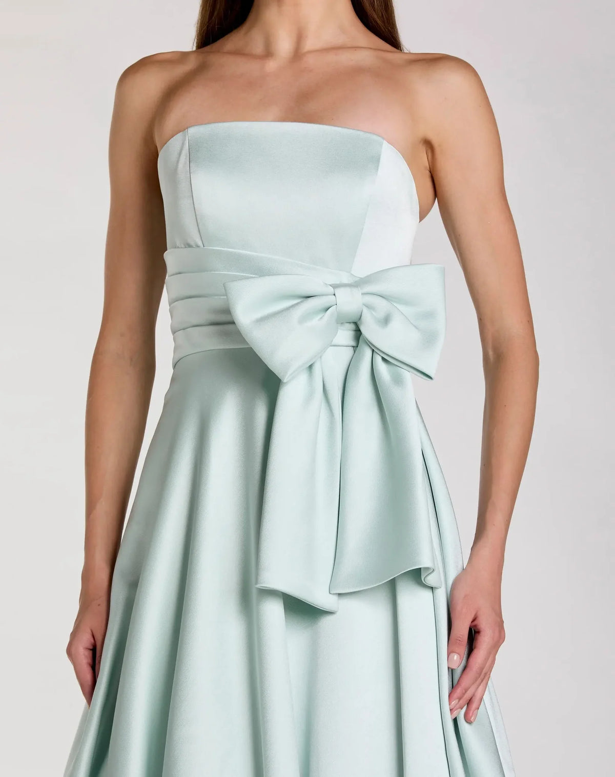 Mac Duggal Green Strapless Satin Ball Gown with Bow Detail #56318