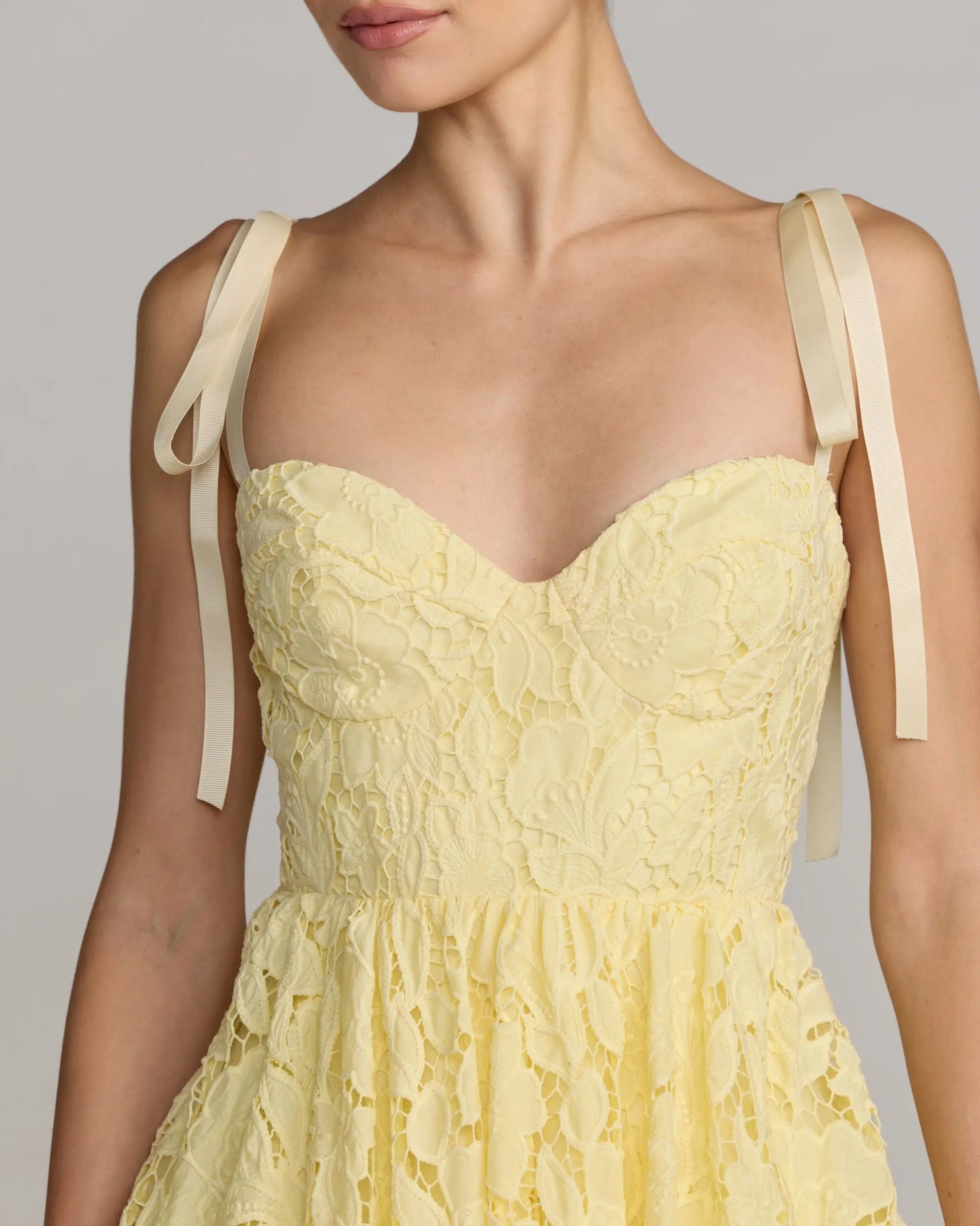 Yellow Lace Bow Strap Midi Dress - Close Up