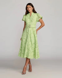 Green Embroidered Lace Belted Midi Dress