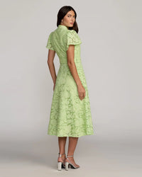 Woman wearing a light green lace dress against a plain background