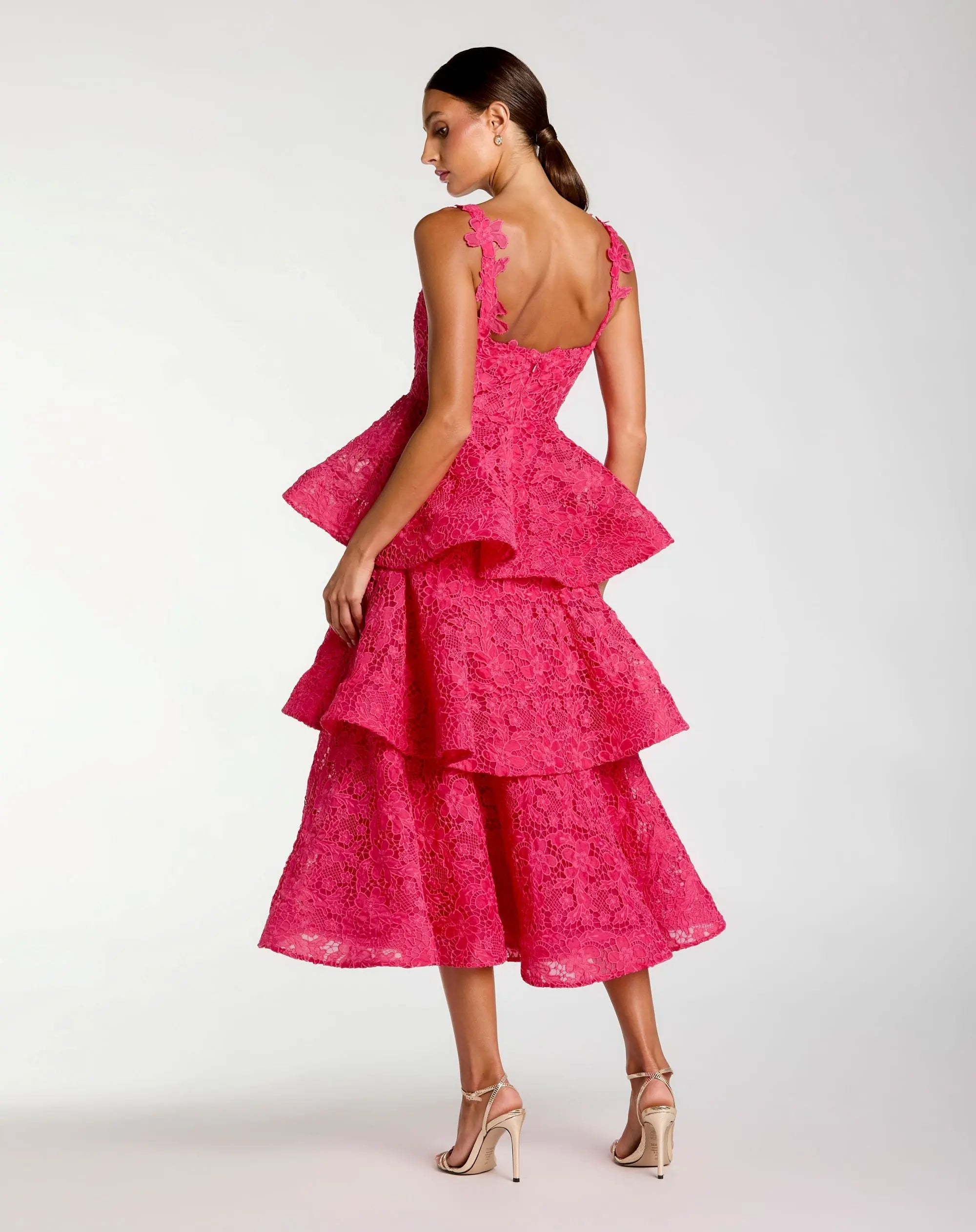 Pink Sleeveless Embroidered Lace Ruffle Midi Dress - Back