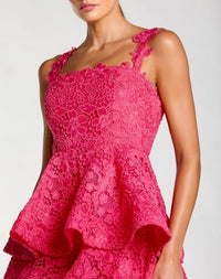Pink Sleeveless Embroidered Lace Ruffle Midi Dress - Close Up