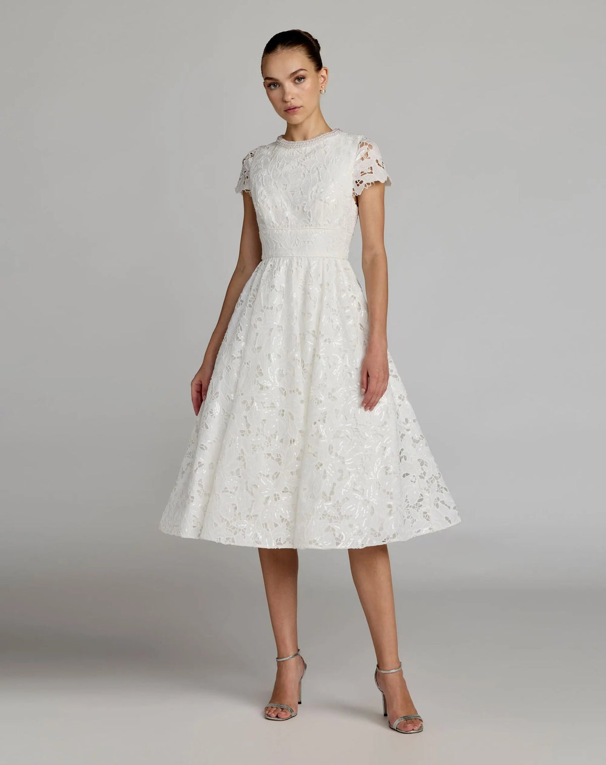 Mac Duggal #56324 ivory embroidered lace high neck cap sleeve midi dress