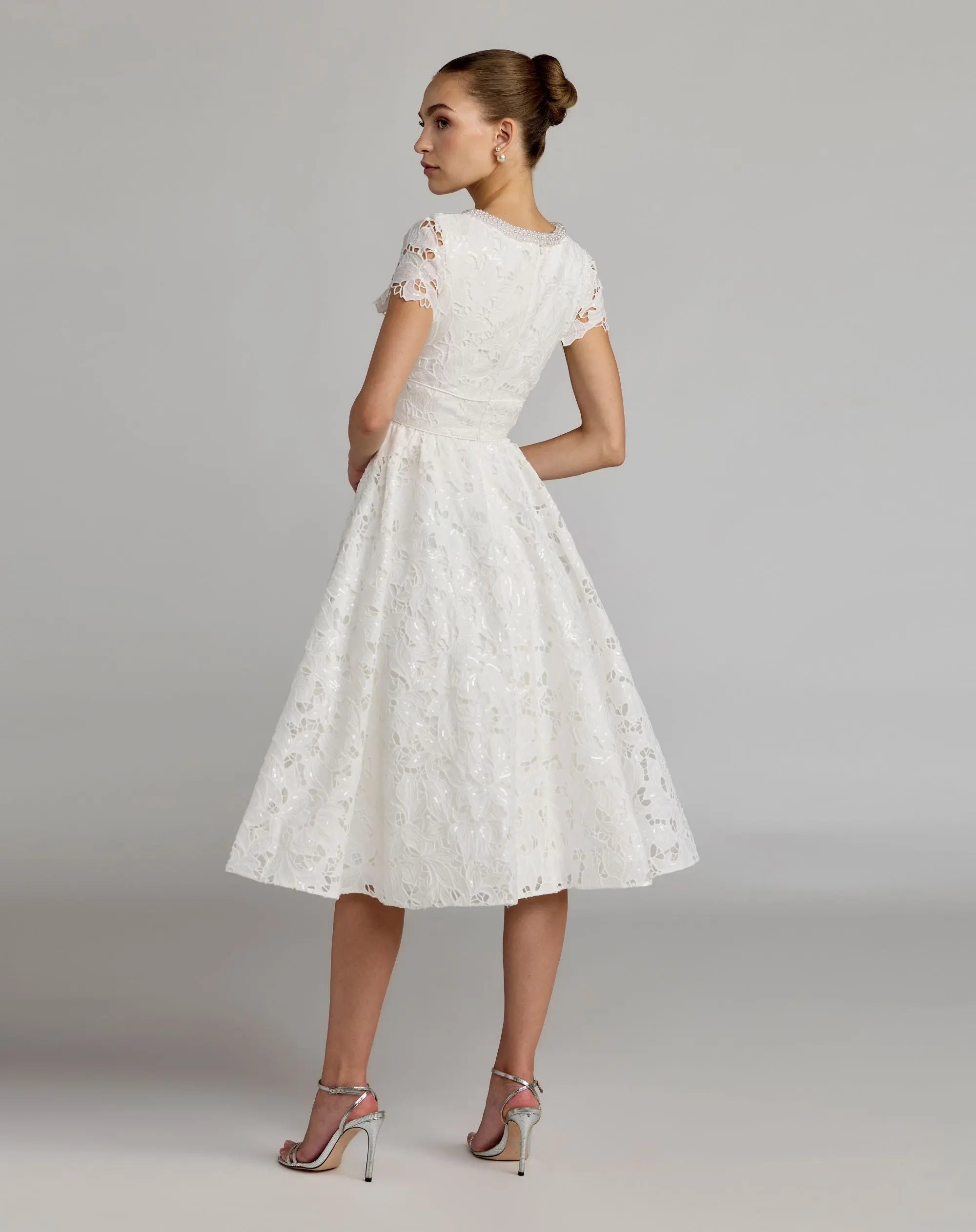 Mac Duggal #56324 ivory embroidered lace midi dress back