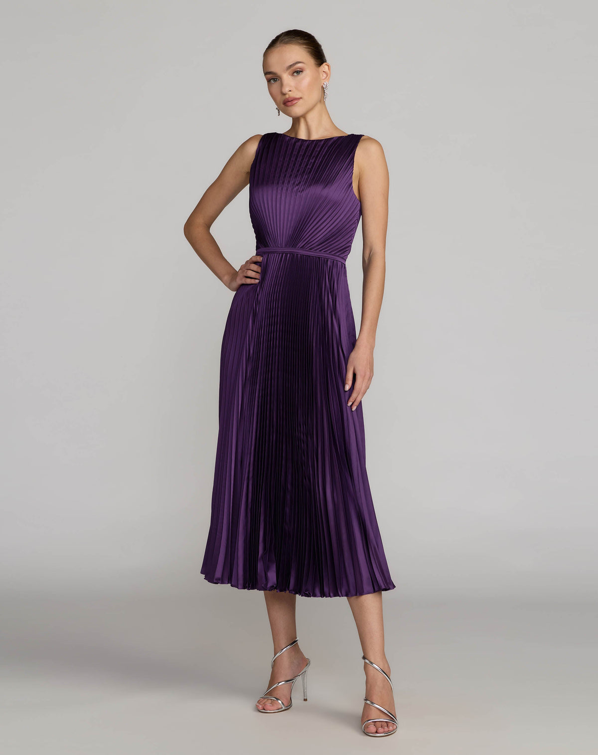 Mac Duggal #56326 Purple high neck pleated sleeveless midi dress