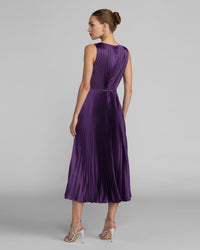 Mac Duggal #56326 Purple high neck pleated sleeveless midi dress
