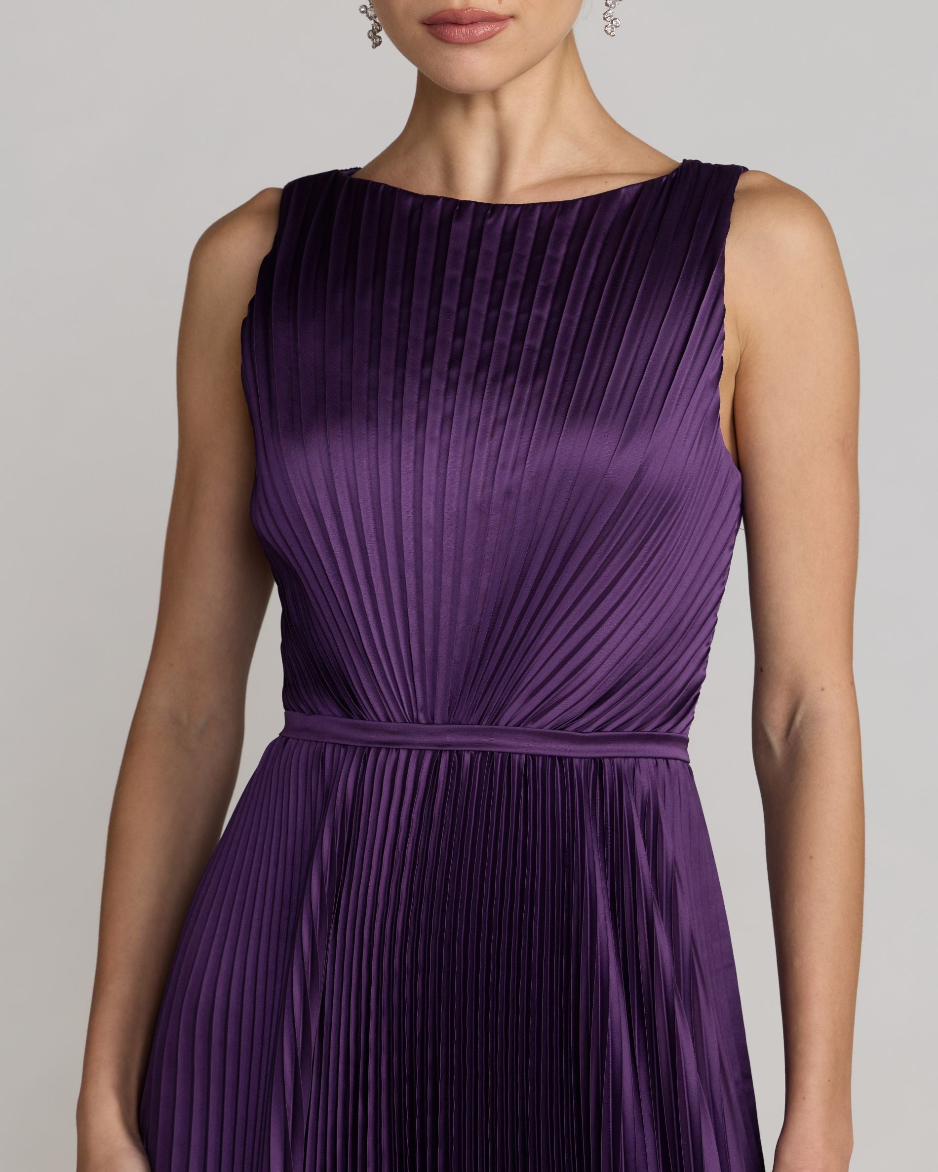 Mac Duggal #56326 Purple high neck pleated sleeveless midi dress
