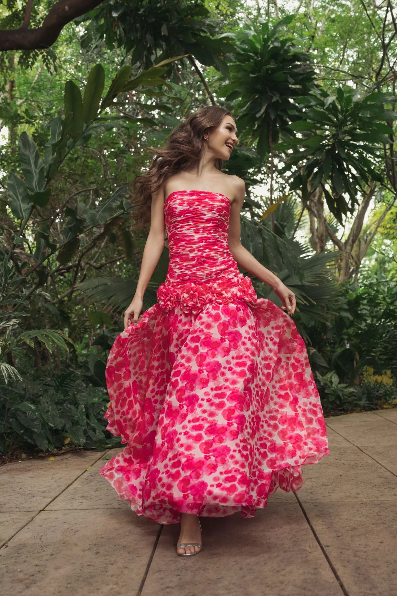 Mac Duggal Pink Strapless Chiffon Ball Gown with 3D Flowers #56329 Grapefruit Multi 
