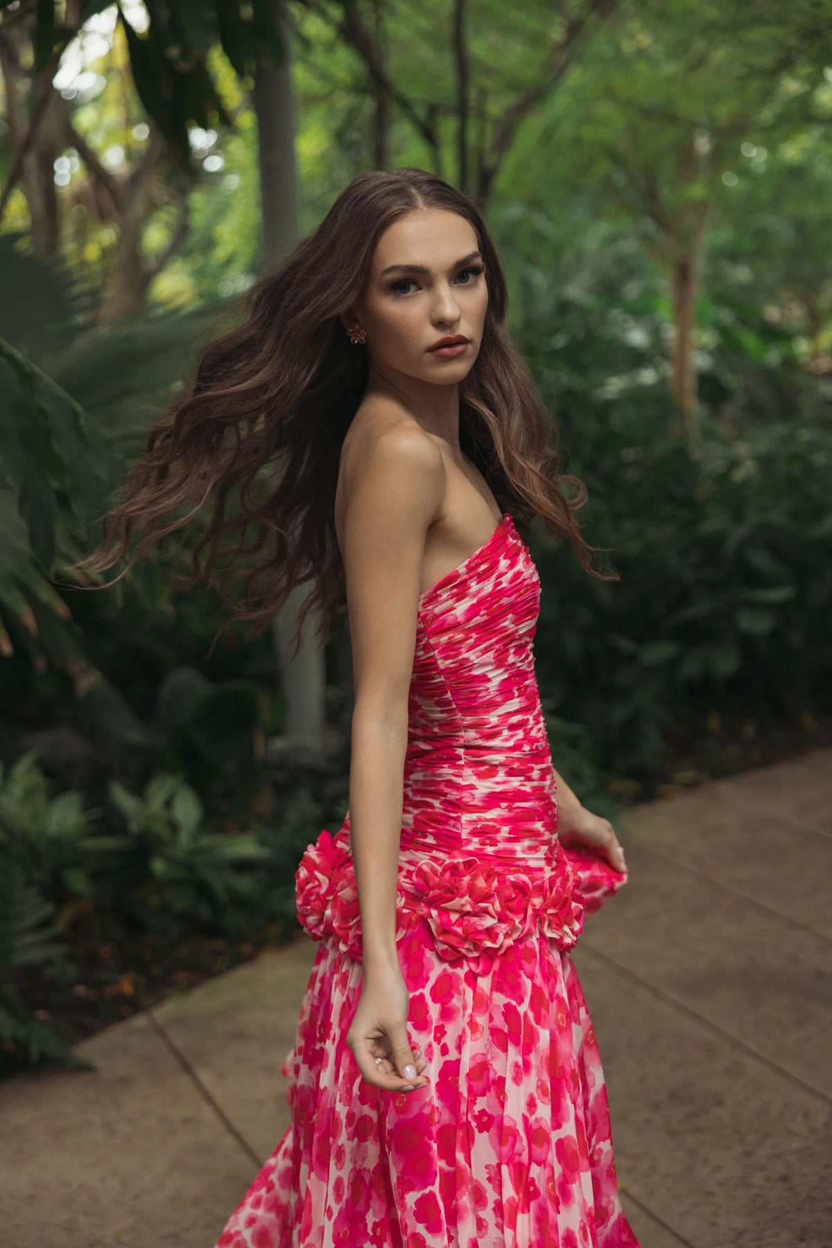 Mac Duggal Pink Strapless Chiffon Ball Gown with 3D Flowers #56329 Grapefruit Multi 