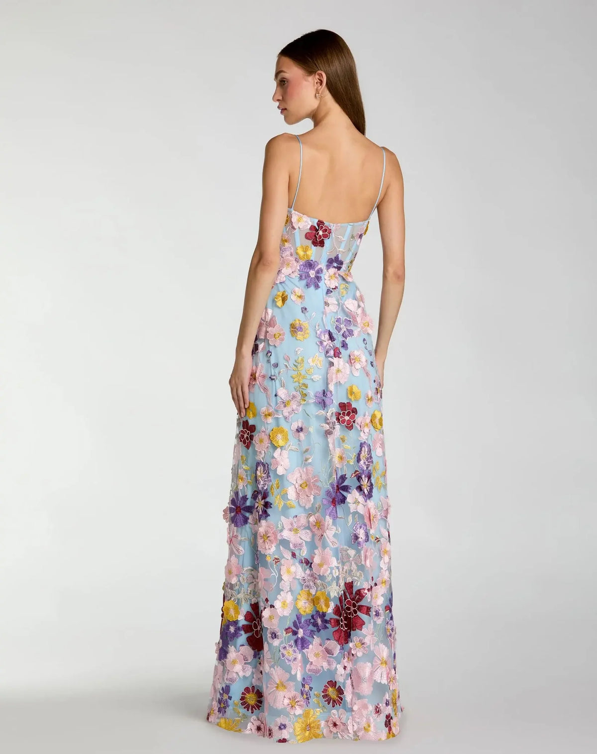 Mac Duggal Blue Spaghetti Strap Floral Embroidered A-Line Gown #56331