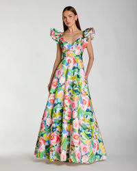 Mac Duggal 56341 Blue Multi floral ruffle cap sleeve ball gown - Front