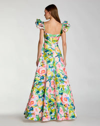 Mac Duggal 56341 Blue Multi floral ruffle cap sleeve ball gown - Back view