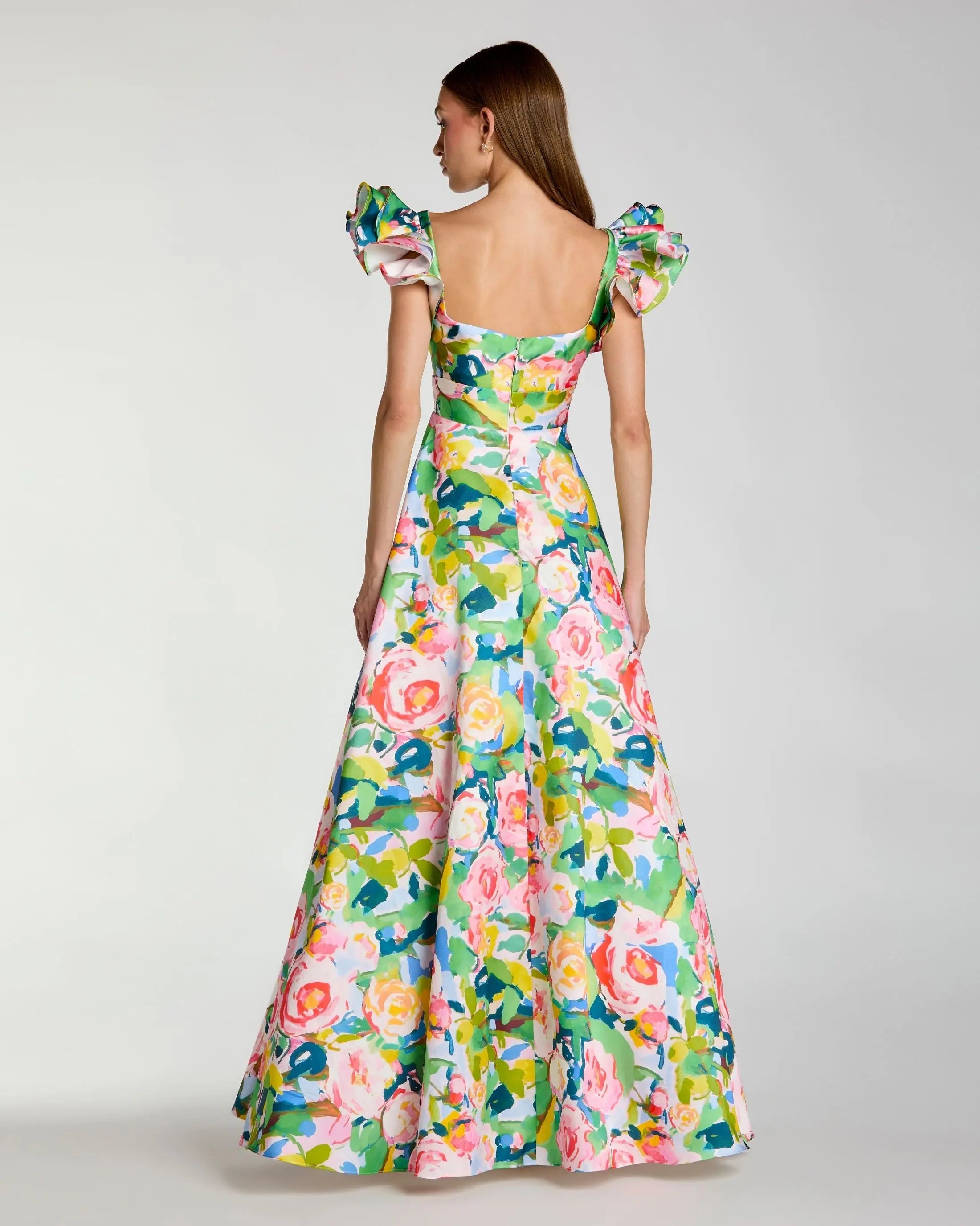 Mac Duggal 56341 Blue Multi floral ruffle cap sleeve ball gown - Back view