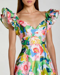 Mac Duggal 56341 Blue Multi floral ruffle cap sleeve ball gown - Close up detail