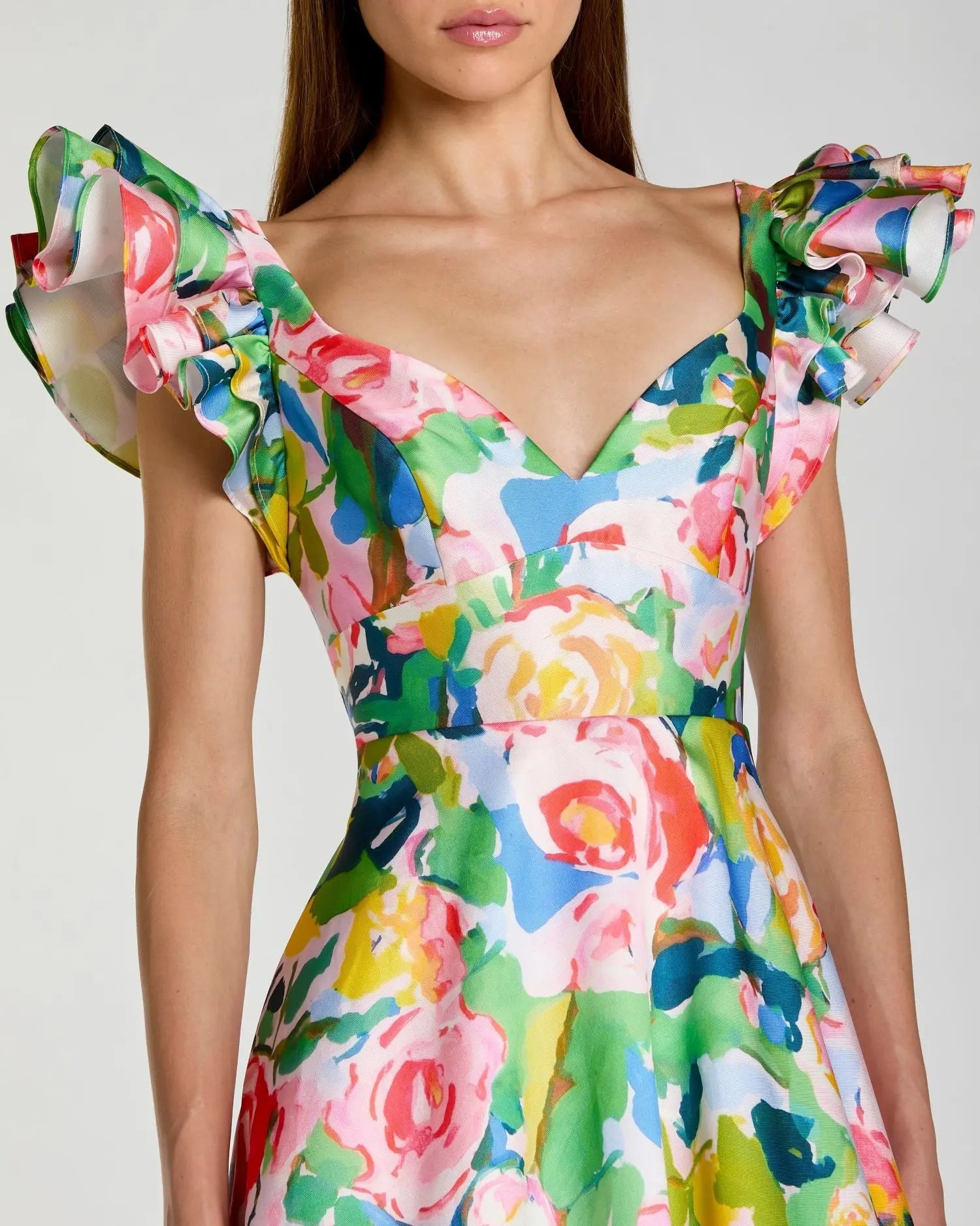Mac Duggal 56341 Blue Multi floral ruffle cap sleeve ball gown - Close up detail