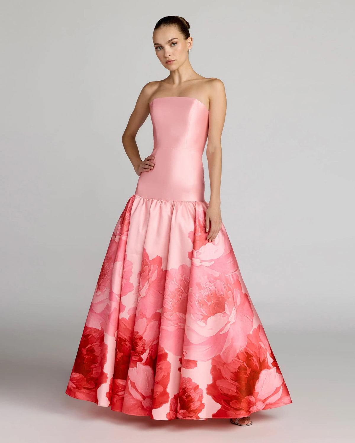 Mac Duggal 56343 Blush Multi printed mikado strapless drop waist ball gown - Front