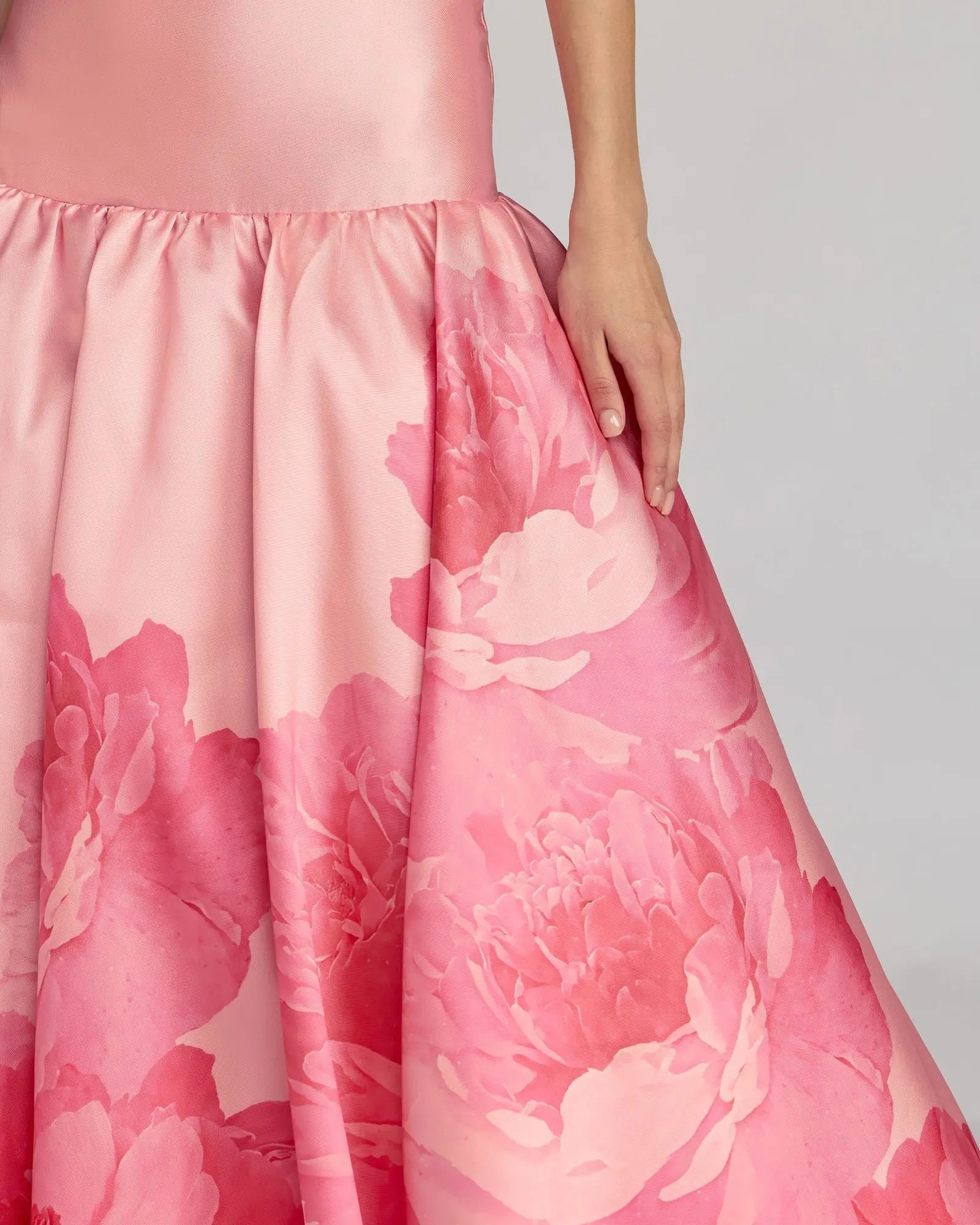 Mac Duggal 56343 Blush Multi printed mikado strapless drop waist ball gown - Close up detail