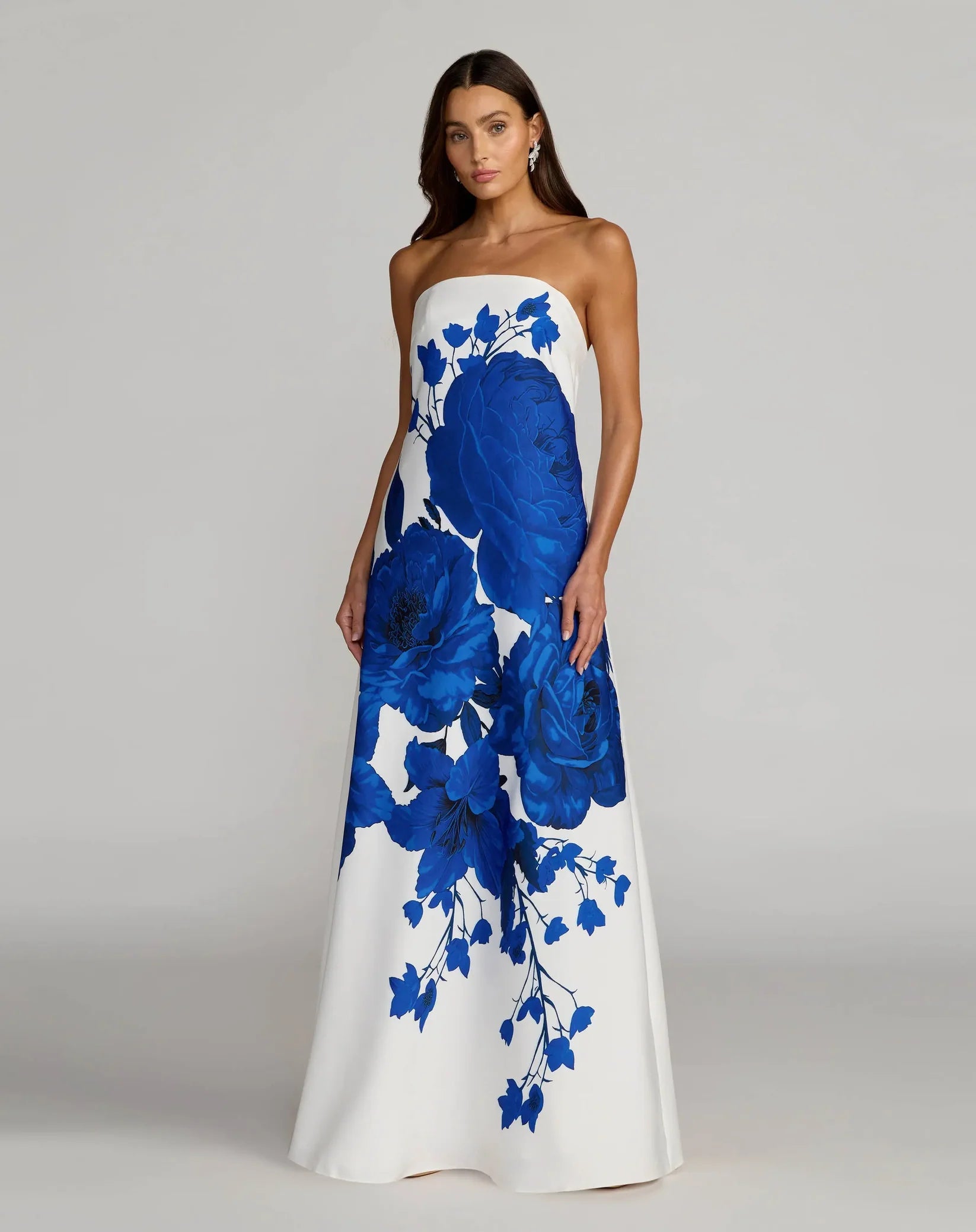 Mac Duggal White Floral Printed Crepe Strapless Trapeze Gown #56344