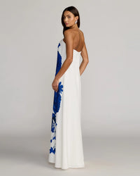 Mac Duggal White Floral Printed Crepe Strapless Trapeze Gown #56344