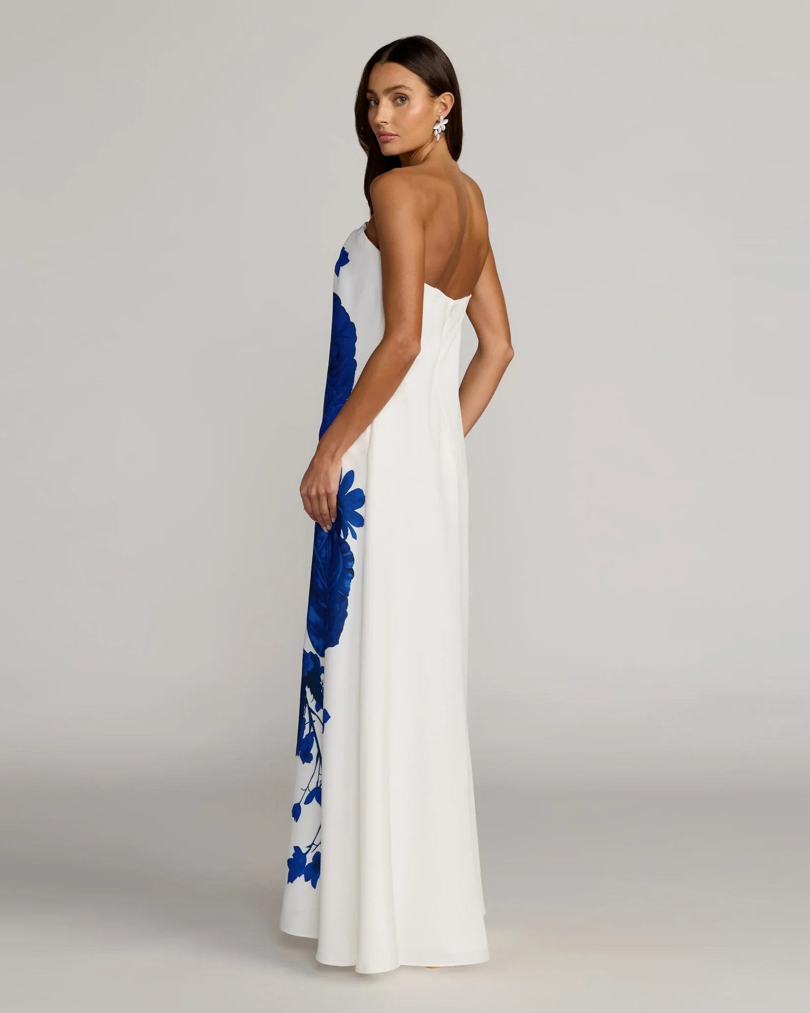 Mac Duggal White Floral Printed Crepe Strapless Trapeze Gown #56344