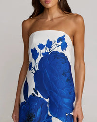 Mac Duggal White Floral Printed Crepe Strapless Trapeze Gown #56344