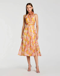 Yellow Multi Printed Chiffon Mock Neck Sleeveless Midi Dress