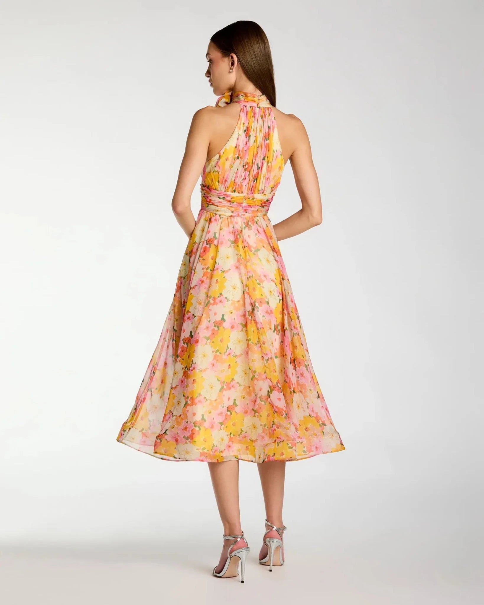 Yellow Multi Printed Chiffon Mock Neck Sleeveless Midi Dress