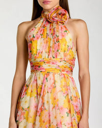Yellow Multi Printed Chiffon Mock Neck Sleeveless Midi Dress