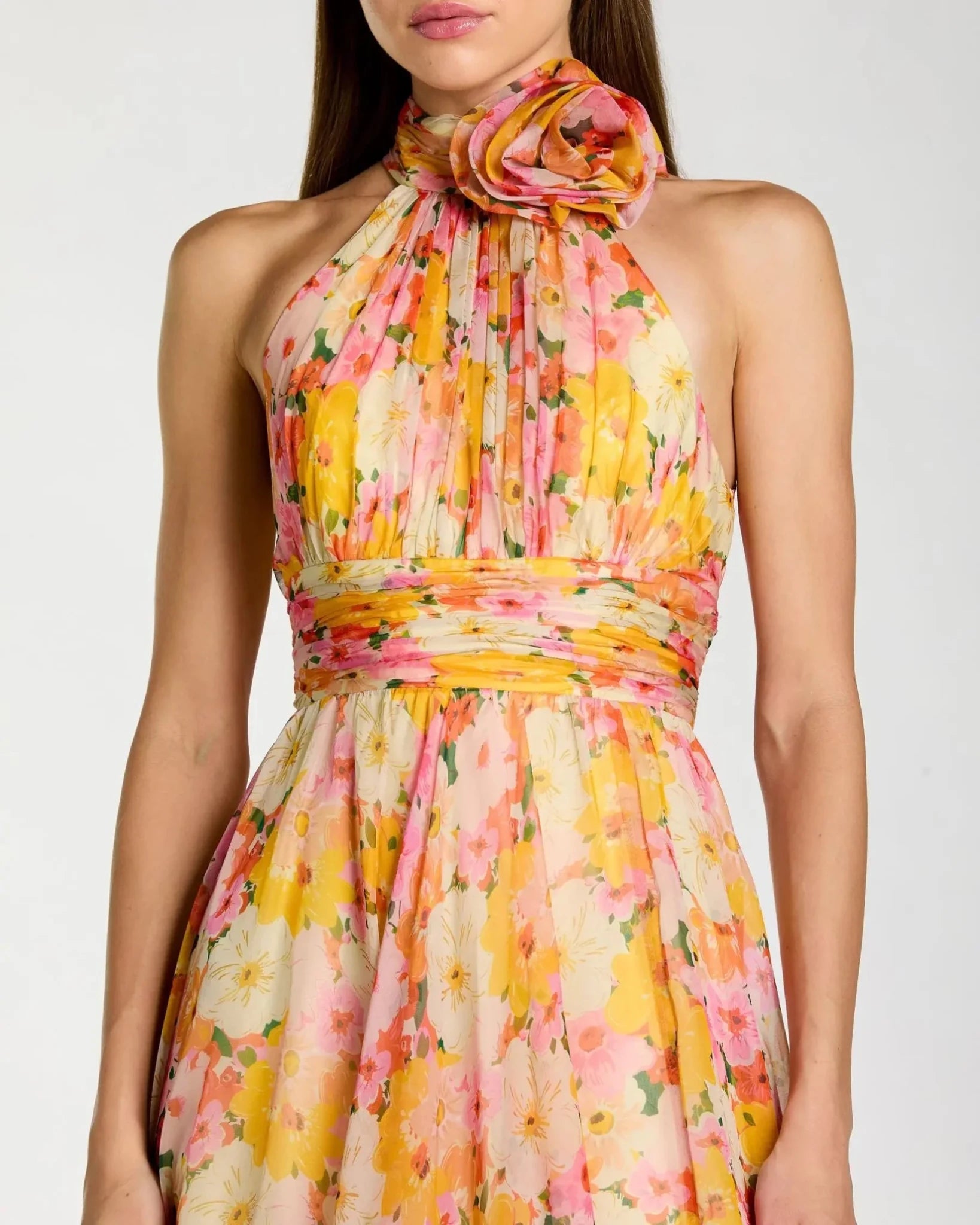 Yellow Multi Printed Chiffon Mock Neck Sleeveless Midi Dress
