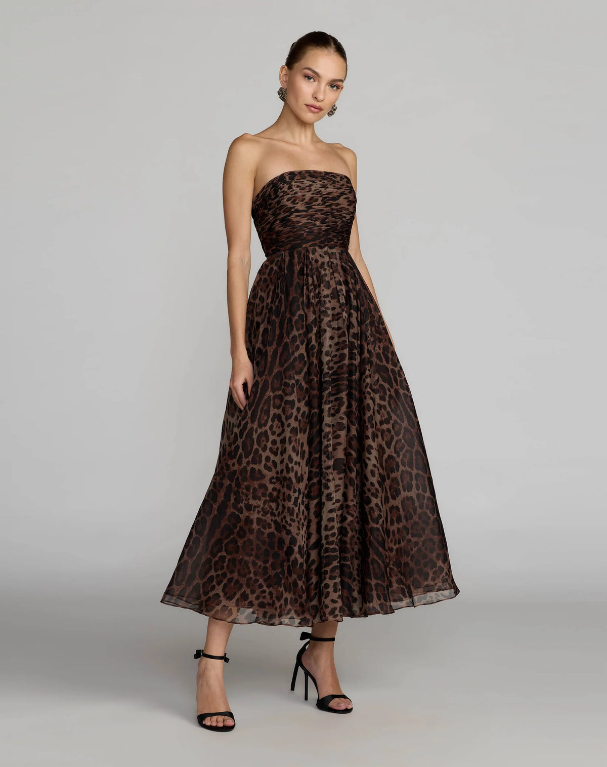 Mac Duggal Leopard Printed Chiffon Strapless A Line Midi Dress #56350


