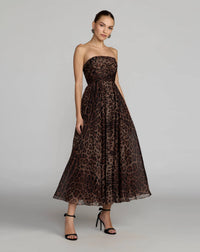 Mac Duggal Leopard Printed Chiffon Strapless A Line Midi Dress #56350

