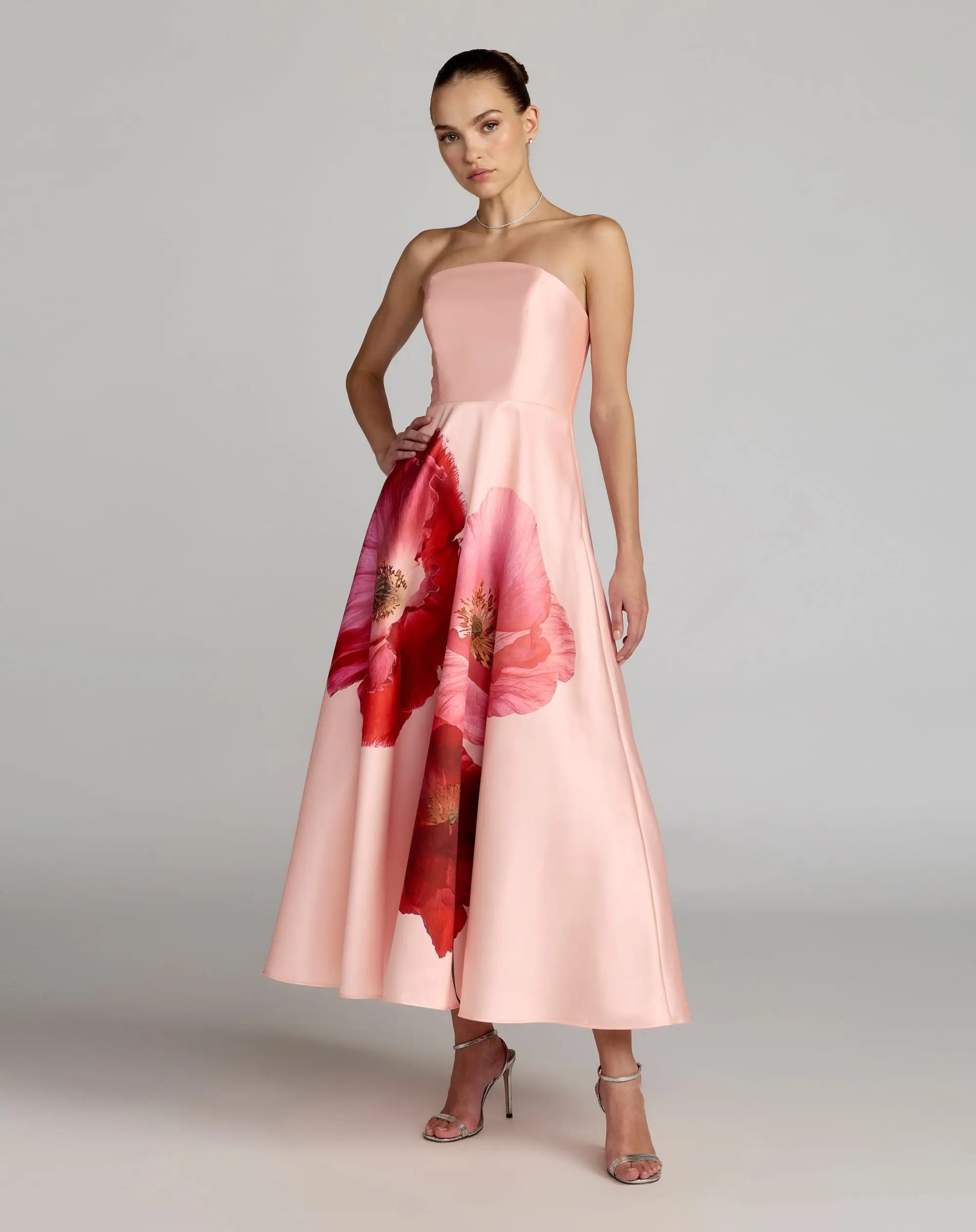 Mac Duggal #56352 blush multi floral print Mikado midi dress