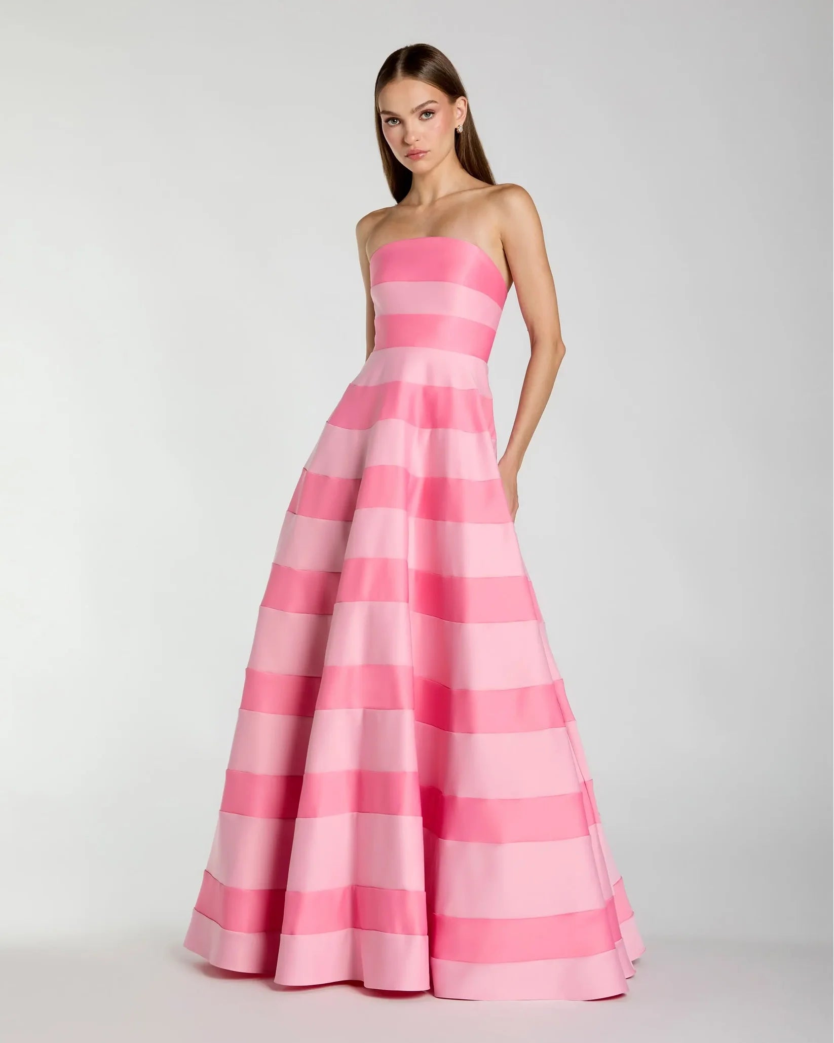 Mac Duggal Pink Striped Strapless Satin Ballgown with Pockets #56353
