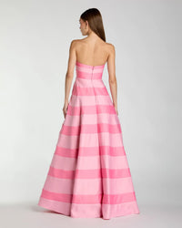Mac Duggal Pink Striped Strapless Satin Ballgown with Pockets #56353