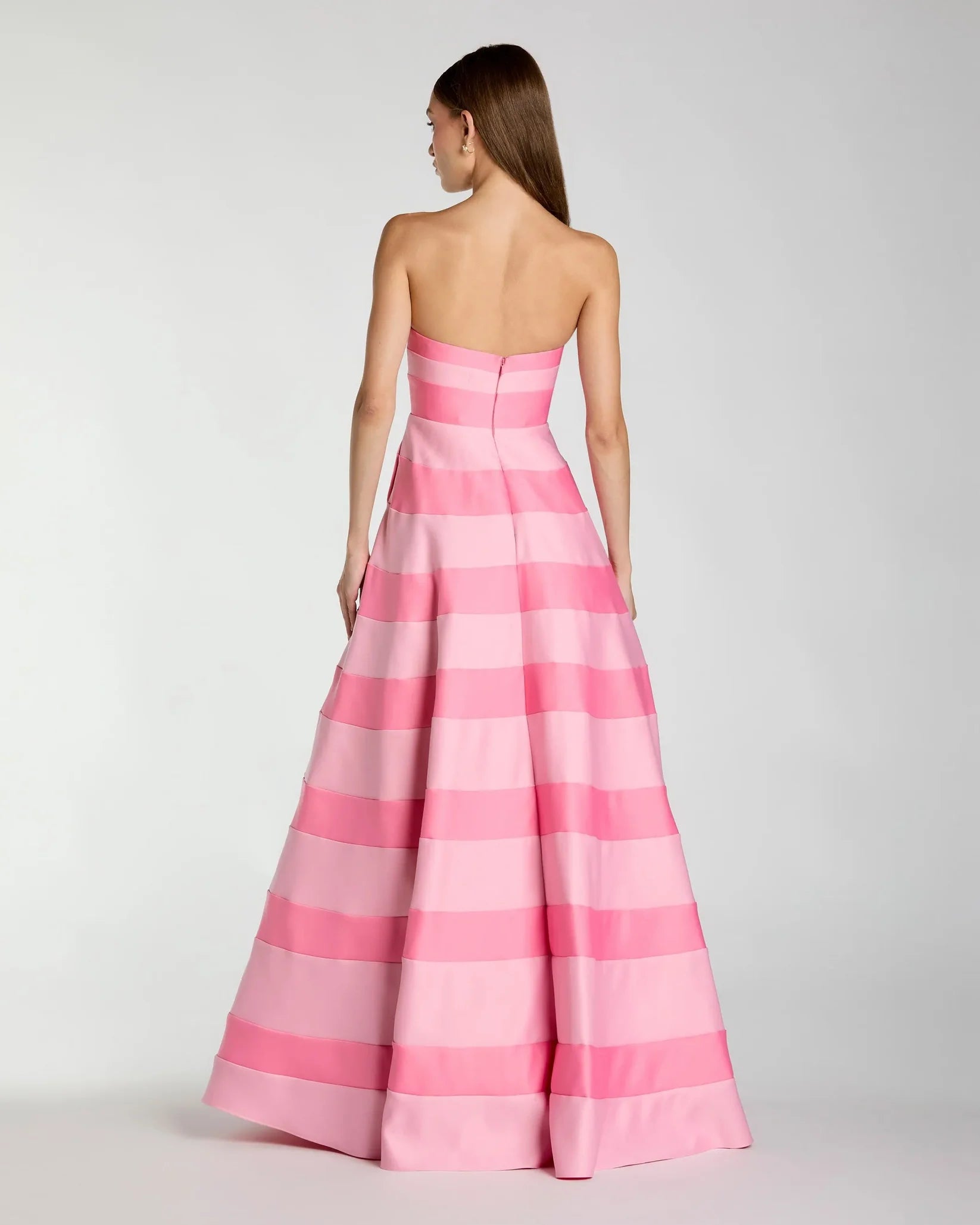 Mac Duggal Pink Striped Strapless Satin Ballgown with Pockets #56353