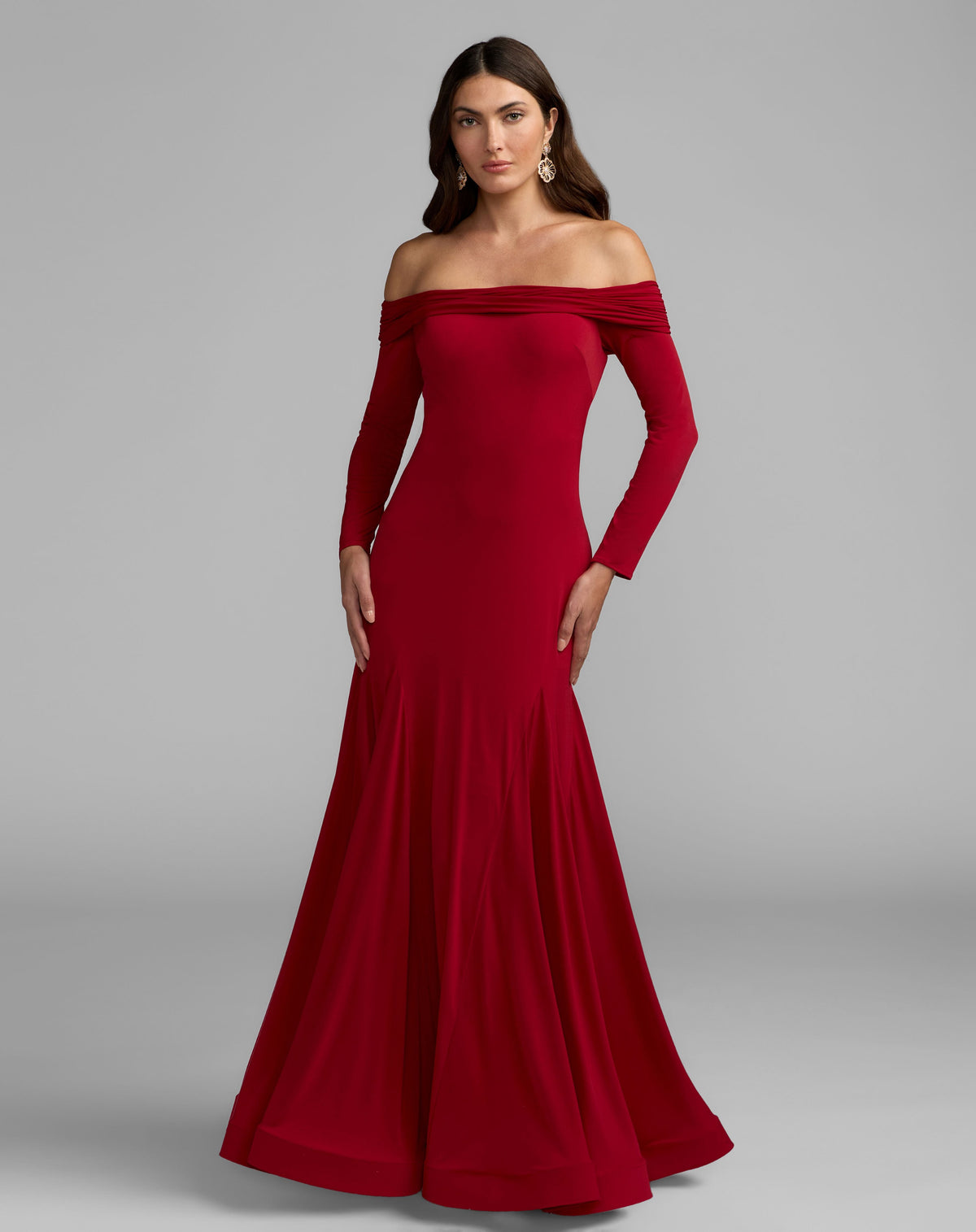 Mac Duggal #56354 red off the shoulder long sleeve trumpet gown