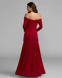 Mac Duggal #56354 red off the shoulder long sleeve trumpet gown back view
