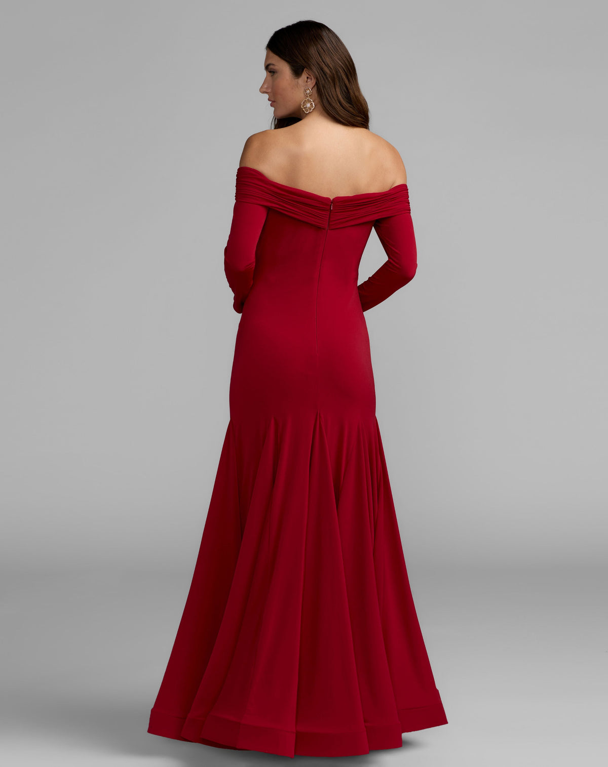Mac Duggal #56354 red off the shoulder long sleeve trumpet gown back view